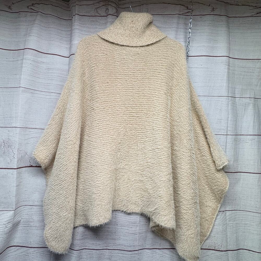 Anthropologie Sleeping on Snow Metallic Poncho Turtleneck Sweater Cream Gold O/S - Picture 5 of 6